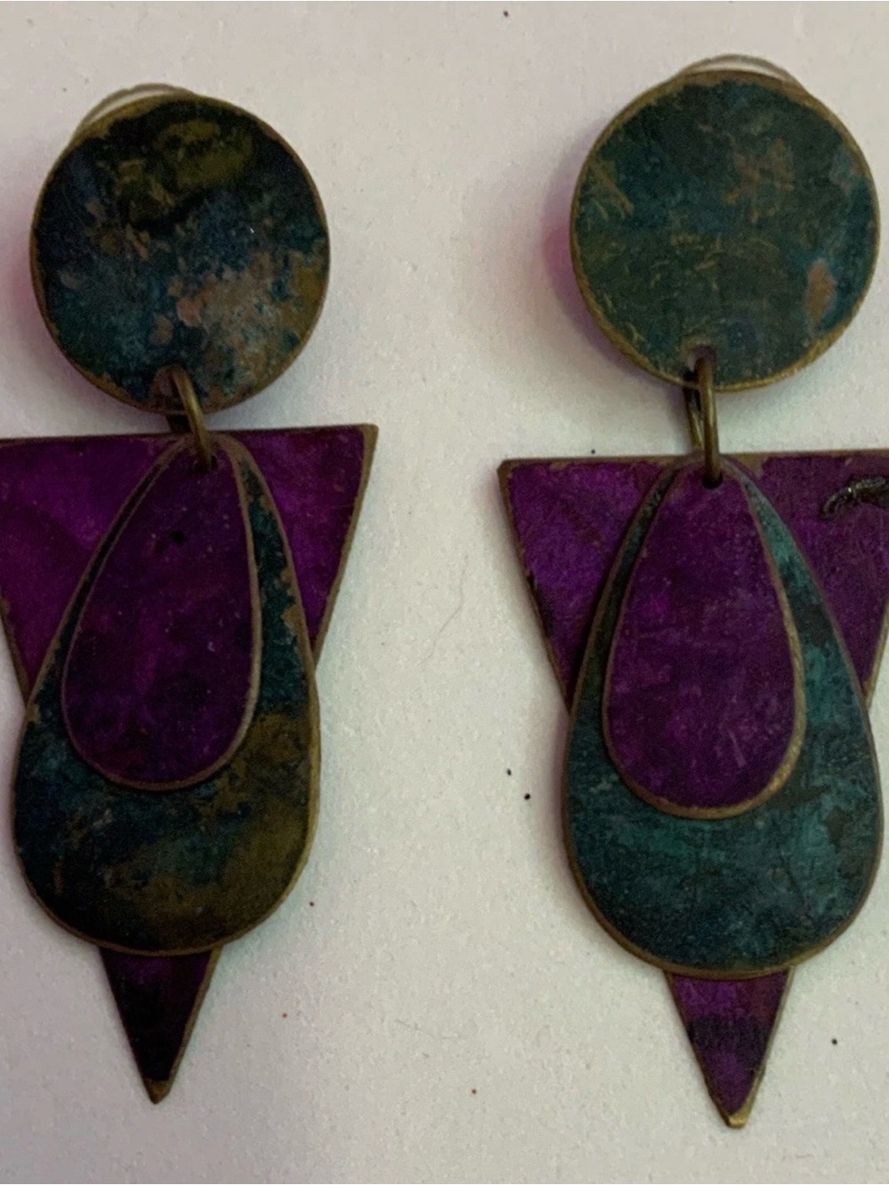 Unique Handcrafted Purple and Teal Layered Geometric Metal  Drop Earrings (Y-25)
